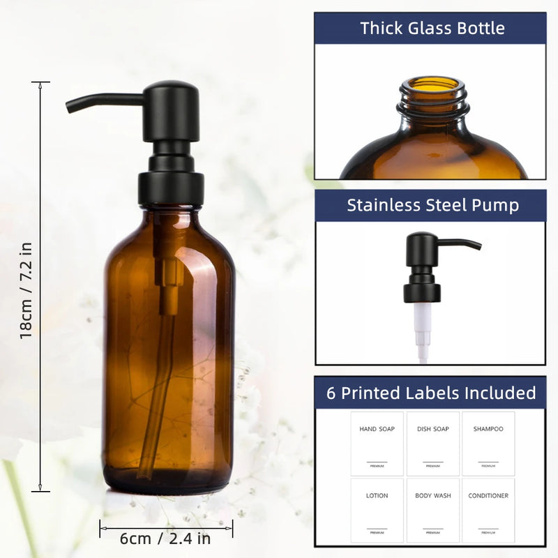 Pump Bottle Dispenser for Liquid Soap, Bathroom Hand Soap Dispenser, Amber Glass Soap and Lotion Dispenser Set, 2pcs 8Oz 250ml